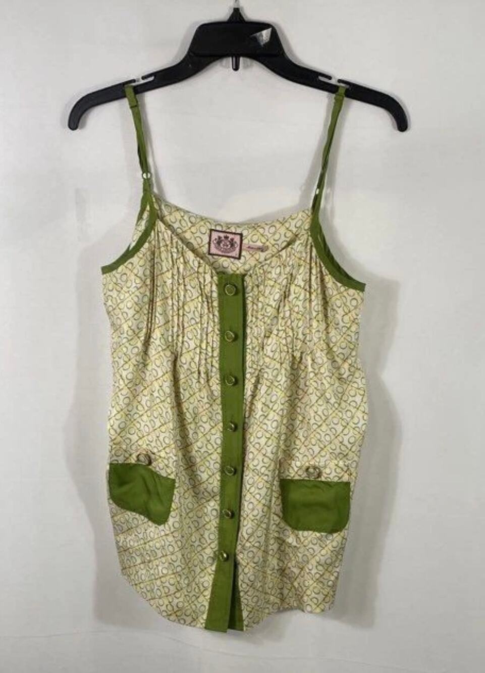 Vintage Y2K Juicy Couture Women's Green Geometric 100% Silk Cami Top Sz 6